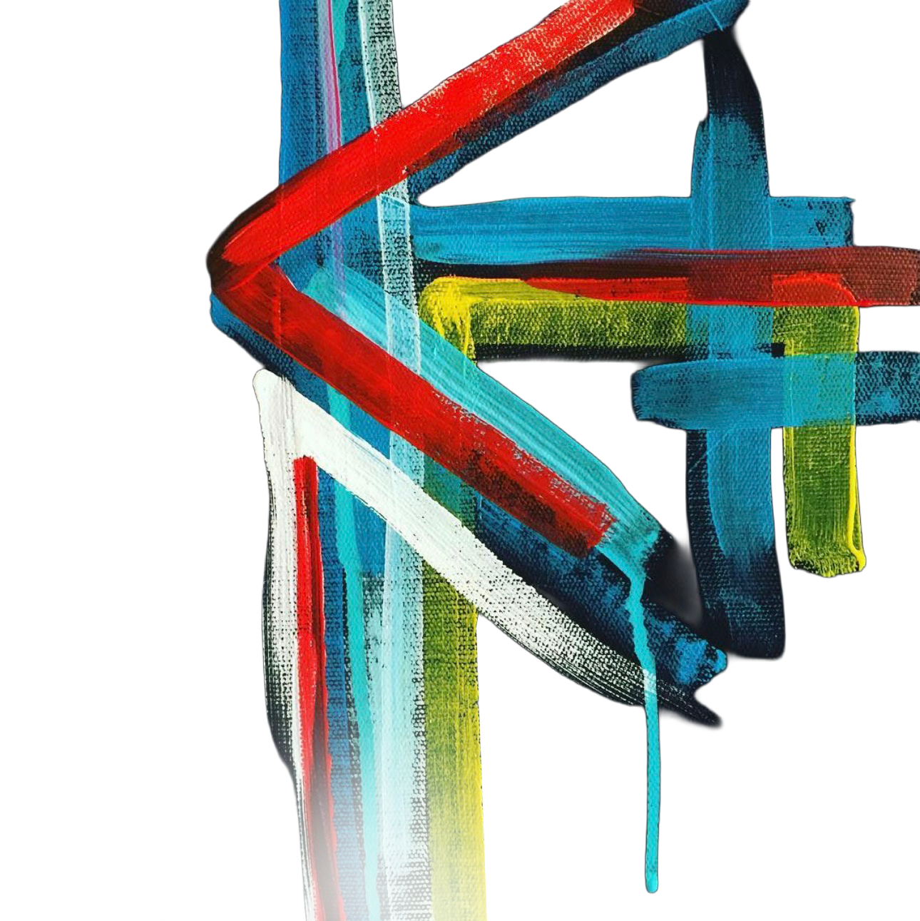Original abstract artwork with red, turquoise, yellow and white painted strokes.