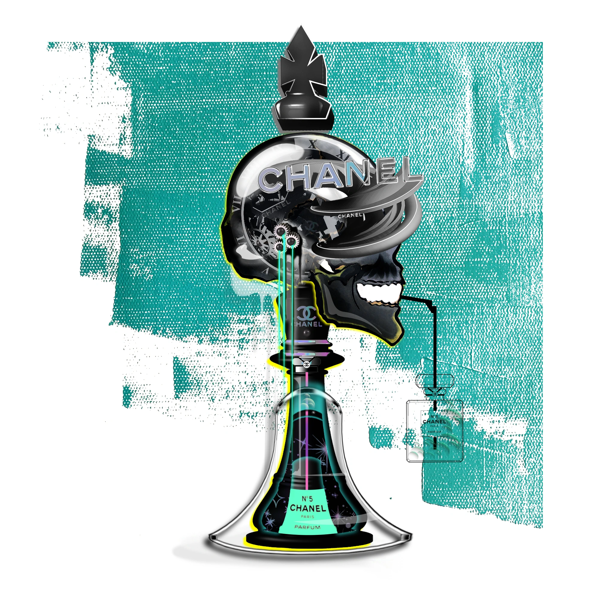 Robot Chess Skull: a sculptural skull and chess-piece collage with perfume motifs and turquoise texture.