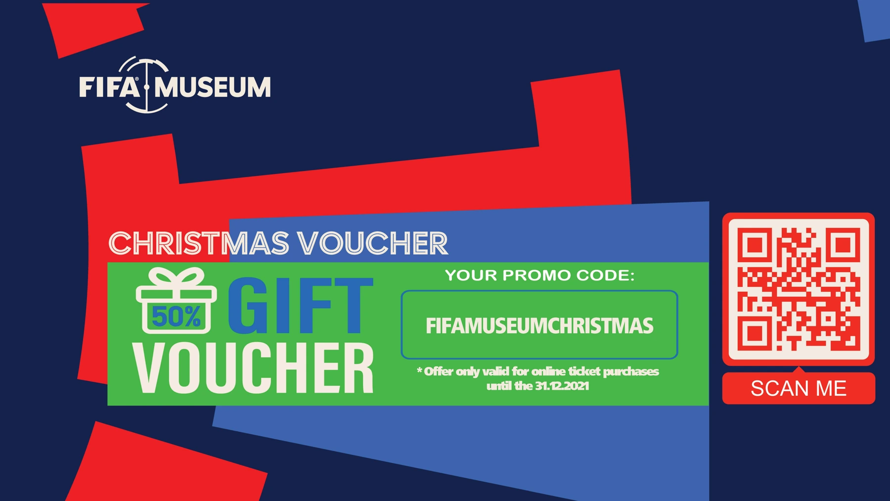 FIFA Museum Christmas gift voucher flyer with red, blue and green graphics.