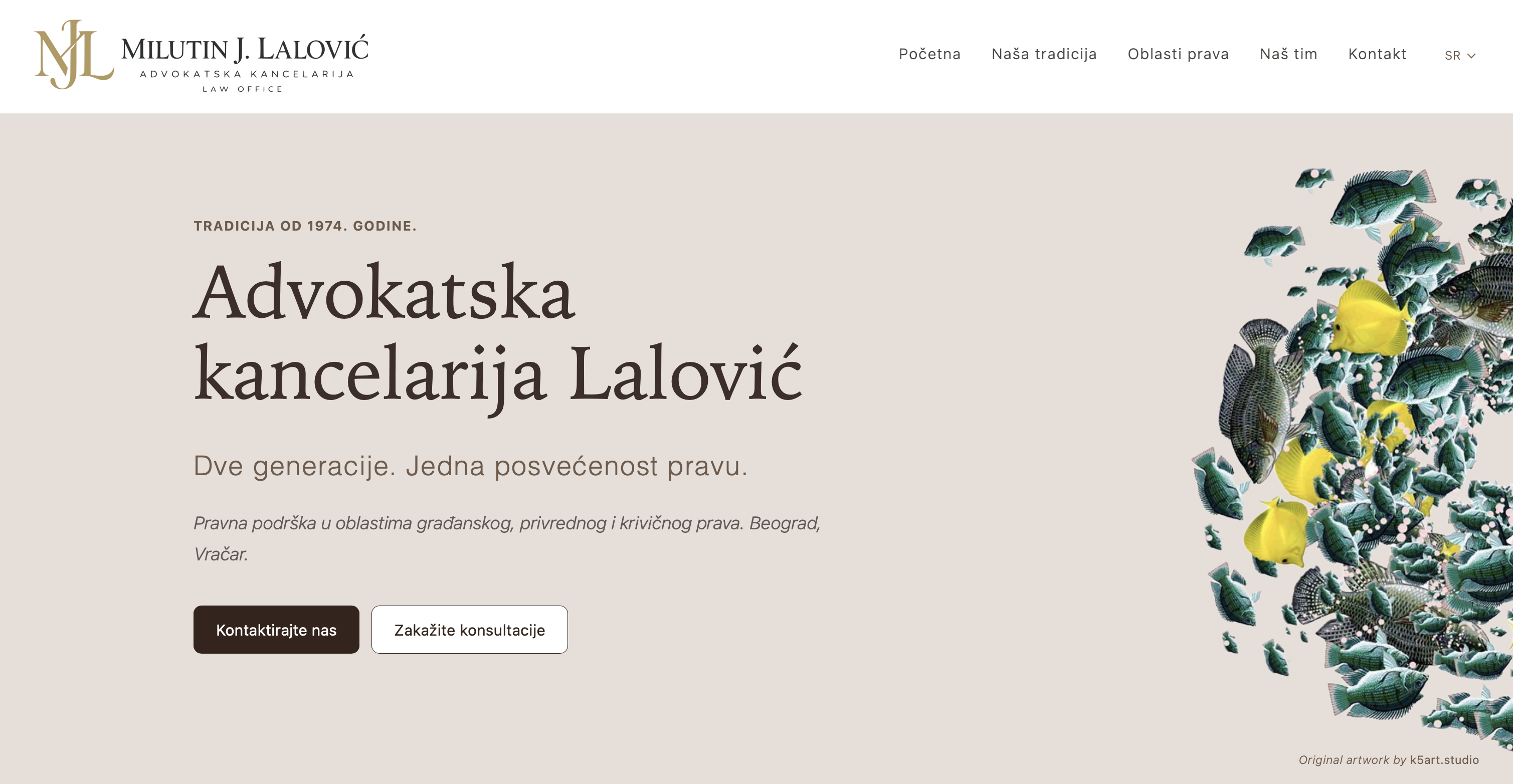 Law Office Lalović website with a gold MJL monogram, elegant typography and Fish Circle artwork.